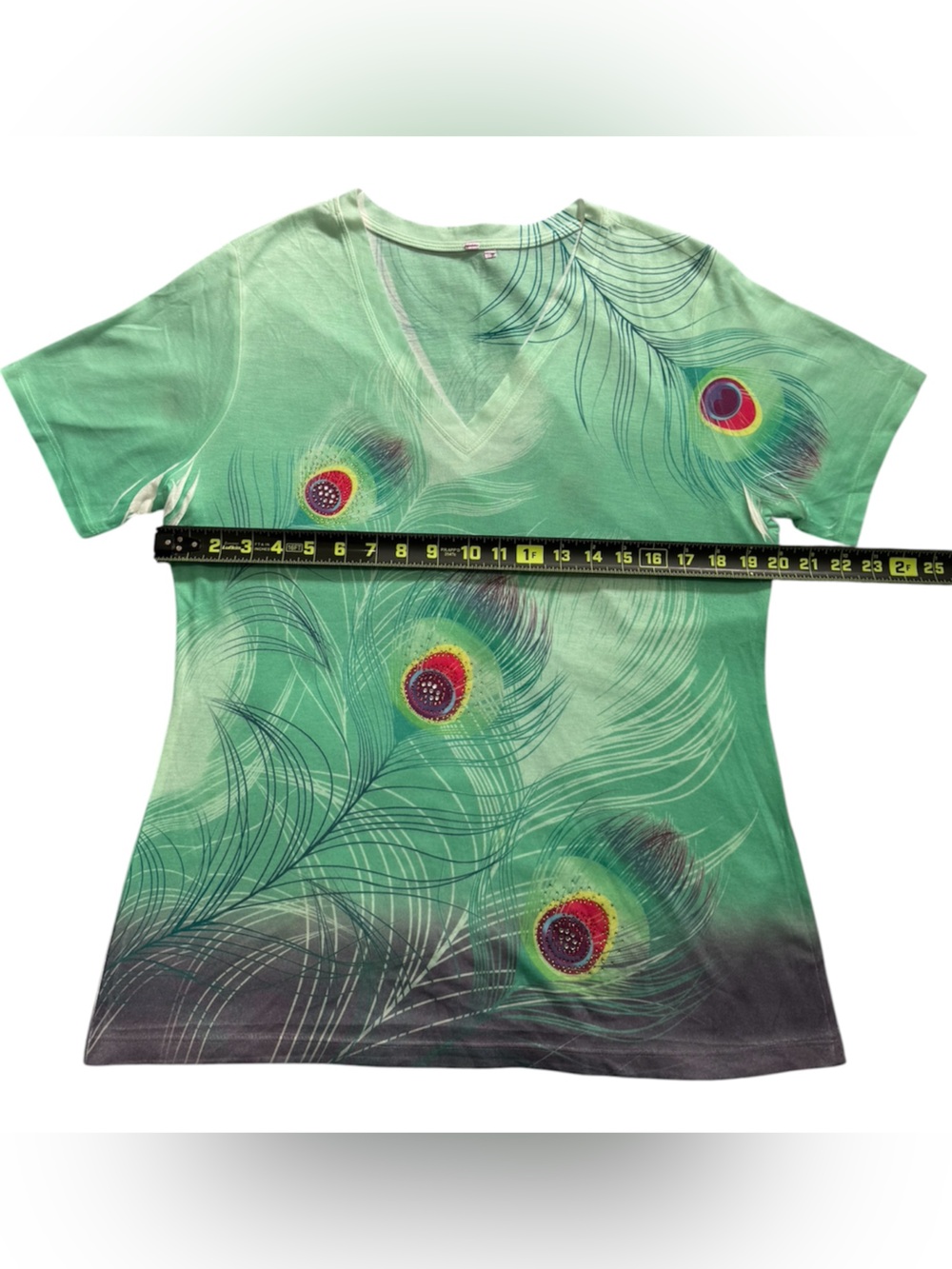 Women’s Green Peacock Feather Print Tee Size:L - Picture 3 of 4